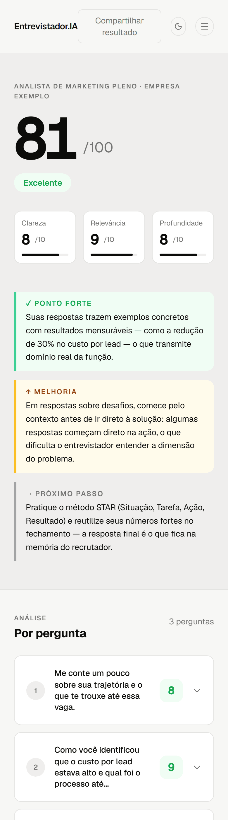 Relatório da entrevista no celular com nota geral, pontos fortes e análise por pergunta