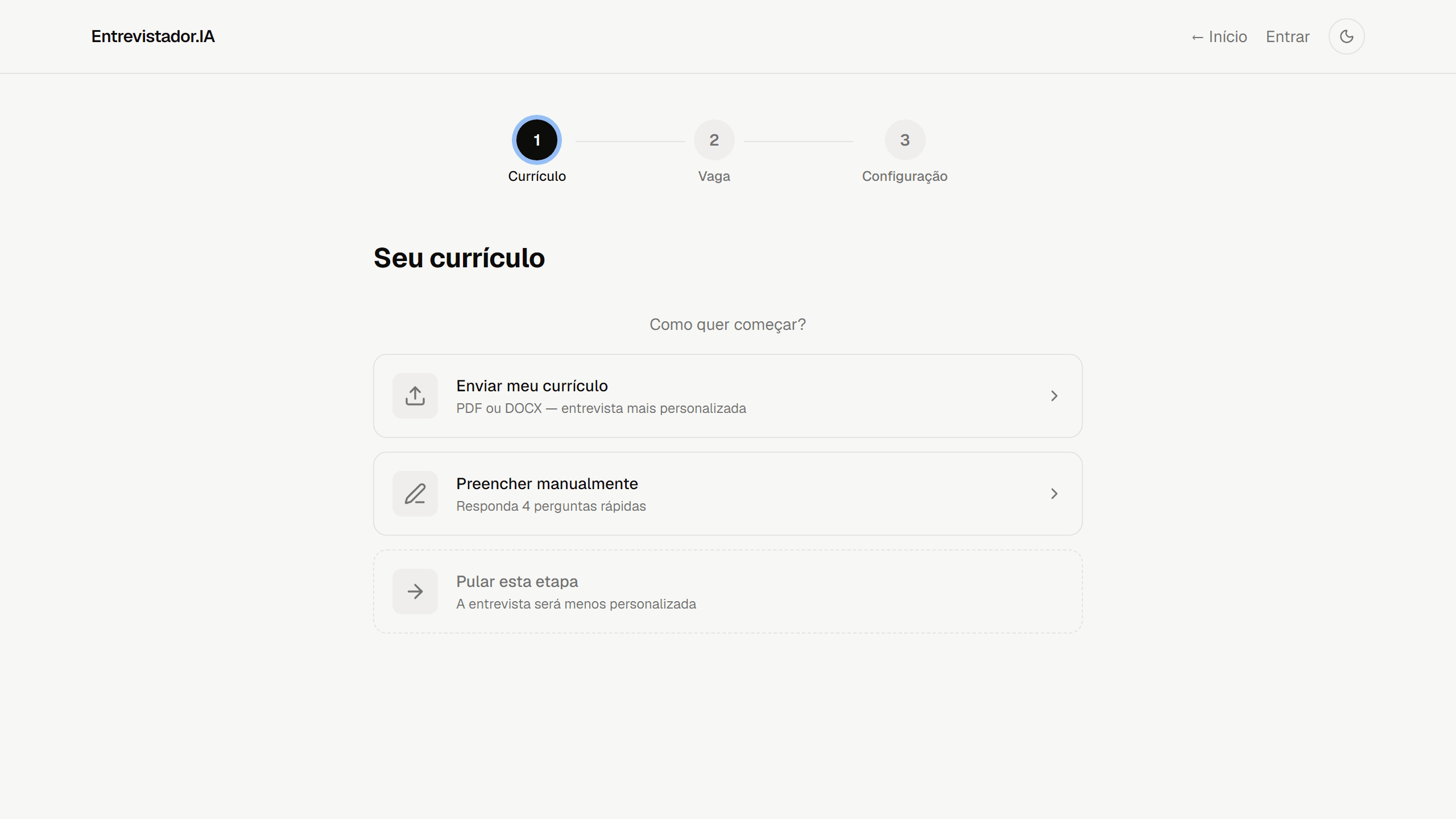 Tela de setup: escolha entre enviar currículo, preencher manualmente ou pular a etapa